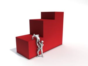 3D characters helping each other to climb the enormous steps of a graph