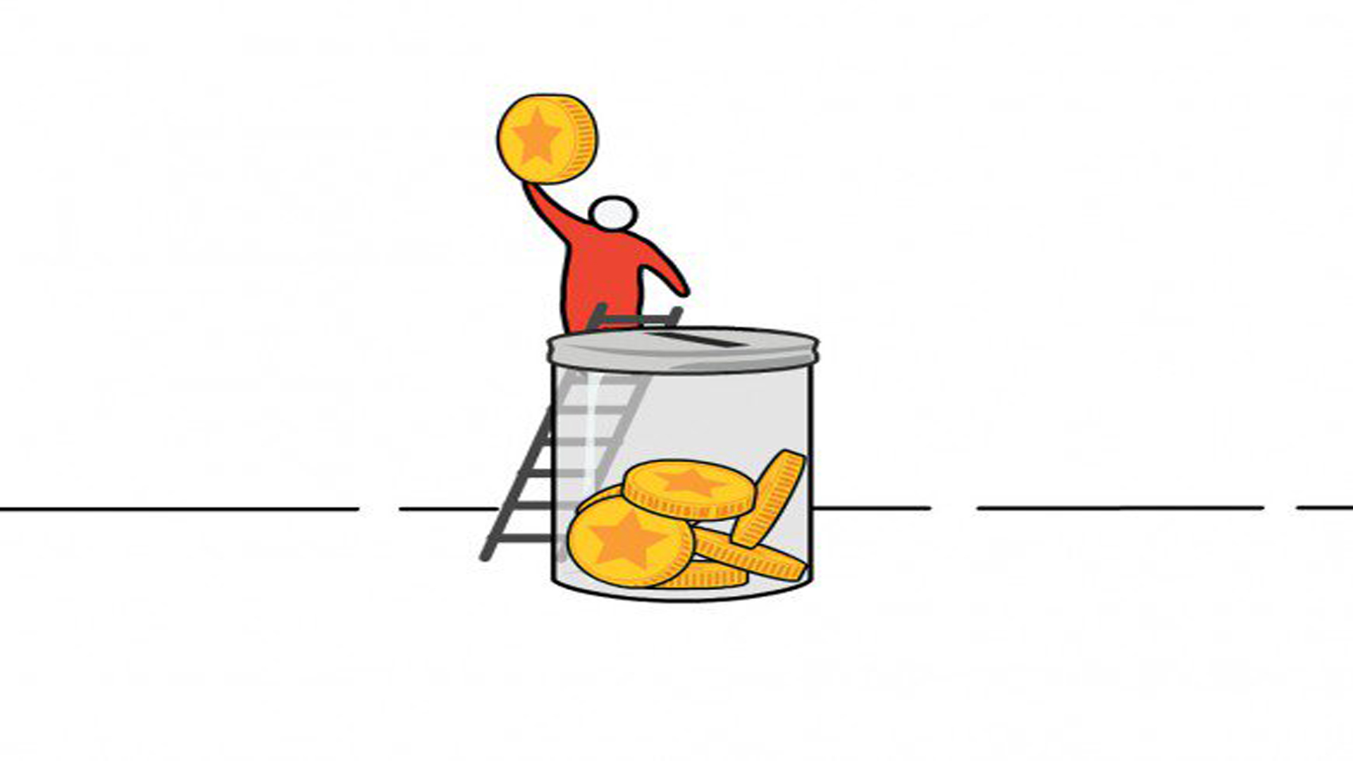 HSBC Sharesave Animation Screenshot - Character Holding A Coin Above His Head, standing on a ladder ready to drop the coin through a slit into the glass in front of him