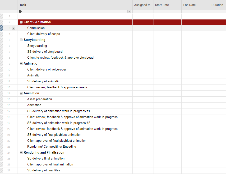 Screen grab of a Gantt chart for animation production with all production, feedback and approval stages listed
