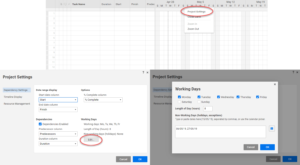 Screen grab of a Gantt chart for animation production Screen grab of a Gantt chart for animation production drop down menu showing and project settings window open