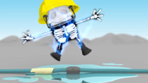 MTR Health And Safety Animation, 3D comic character suffering an electric shock after sticking damaged cables together while standing in a puddle