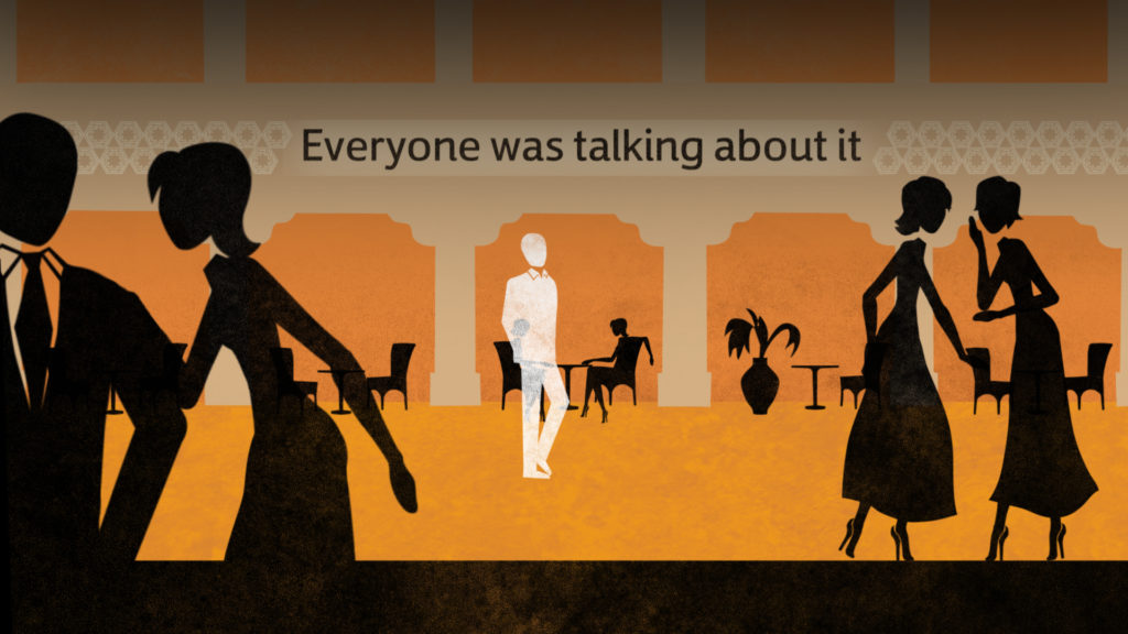 2D Animated Silhouettes against an orange coloured Restaurant background with the Text 'Everyone was talking about it' with one white silhouette stood in the centre
