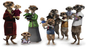 Compare The Meerkat Characters Campaign, meerkat family with grandads, grandkids, mum and dad in dressing gown