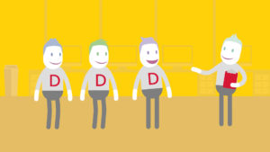 A still from the DHL Employee Wellbeing Animation, illustrated character explaining something to other 3 smiling characters with letters D on their shirts
