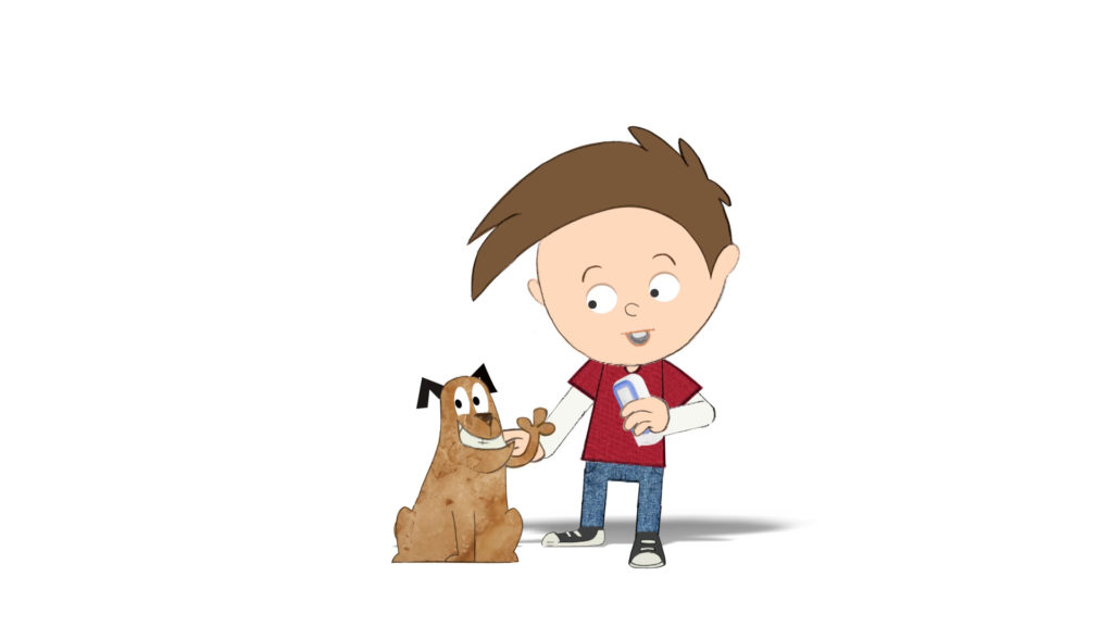 Ollie And Dog Medical Device Animation Characters, Ollie introducing waving dog