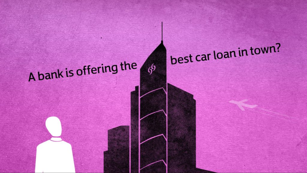 2D character looking up a tall building with plane flying by and text around the sky scraper saying: a bank is offering the best car loan in town?