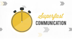 A yellow stop watch and the text 'super fast communication'