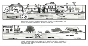 Balloon Days Storyboard Concept 1, boy running past some houses into the country side
