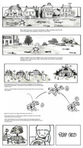 A still from Balloon Days storyboard, boy hopping on balloon horse towards a circus