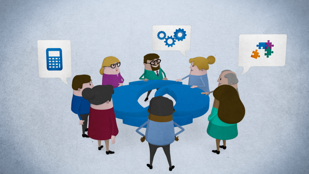 EBRD Explainer Animation Trailer SEO, 3D characters standing around a table with speech bubble above them displaying a calculator, cogs and puzzle pieces