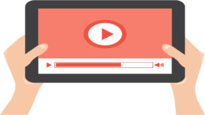 Explainer YouTube Video Image, illustration of hands holding an i pad showing play button and loading bar on screen