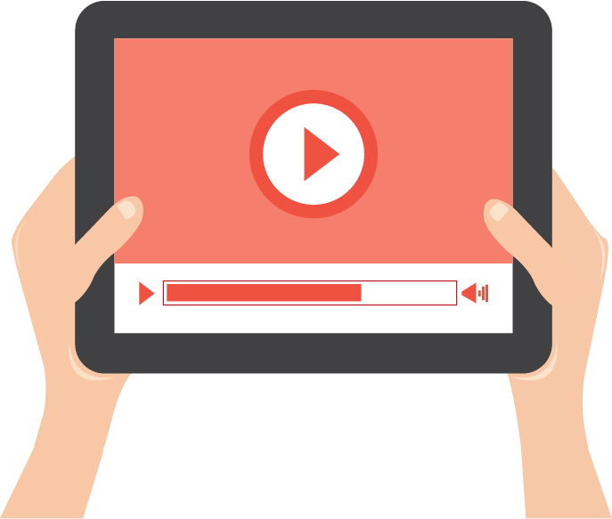 stylised illustration of hands holding tablet with play button on it