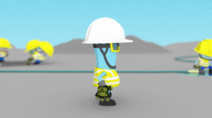 A construction worker walks by another construction worker and watches as he connects an electrical cable over a puddle then gets electrocuted and disappears in to a puff of smoke