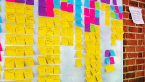 lots of post it notes stuck on a white board on the brick wall
