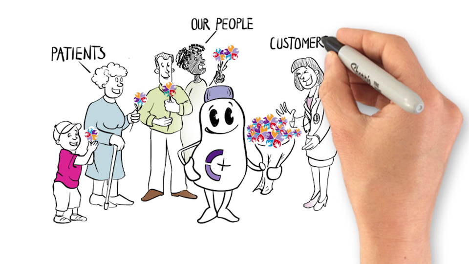hand drawing a Nutricia bottle holding a bouquet of flowers and handing them out to patients, their people and customers