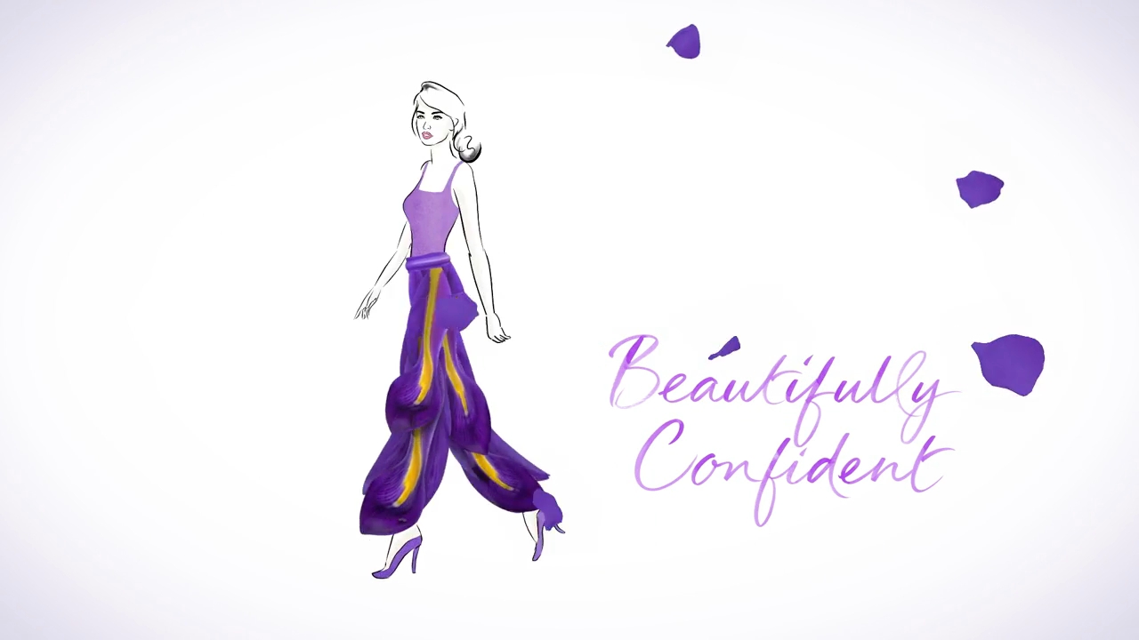 Illustration of lady walking with flower blossoms as floating trousers