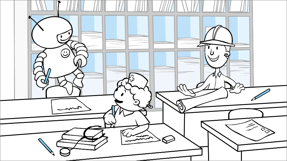 Illustration of child dressed as an astronaut floating in a classroom