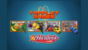 Homepage of Tapplet Games for Hardee's Burger chain showing 4 different game options: Juice Buster, Chop n' Chop, Causeway crossroad and off-road Dune Runner