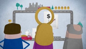 3 Characters Inspecting a Graphic Containing Roads and Financial information through a microscope