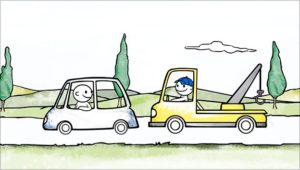 Animation Still of a Tow Truck pulling up behind a car on a Road