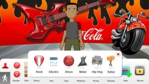 3D character against a flaming background with e-guitar and motorbike and coca cola logo, with UI of the game menu in front