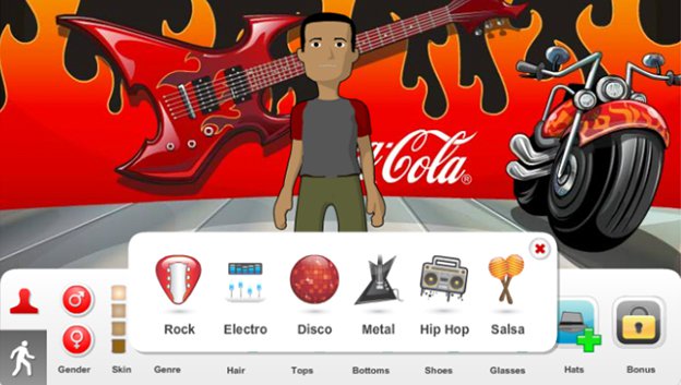 3D character against a flaming background with e-guitar and motorbike and coca cola logo, with UI of the game menu in front