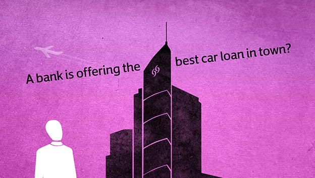 stylised character looking up into sky to plane passing sky scraper with the text "A bank is offering the best car loan in town?"