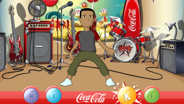 Still of a game screen showing a character dancing in front of musical instruments with Coca cola's logo at the bottom of the screen