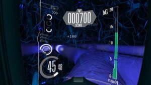 Still from the Diabetes Voyager VR game showing an artery with graphics showing game progress