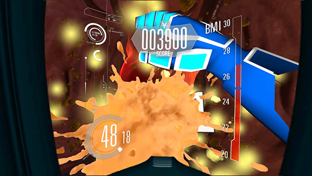 Still from the Diabetes Voyager VR game showing a splatter against the players vision, with graphics showing the player game information