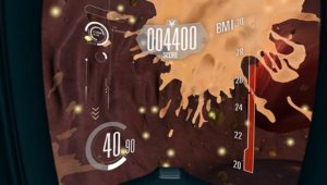 Still from the Diabetes Voyager VR game showing a splatter on the display behind the game statistics