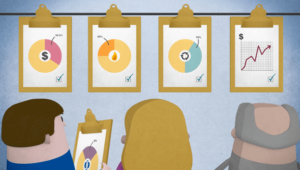 EBRD Explainer Animation, back shot of 3 characters looking up at clipboards with pie charts and a graph