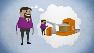 Illustration of man seeing himself in thought bubble pulling a lever to operate a machine