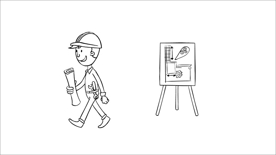 2D Illustration of an engineer walking away from a flip board