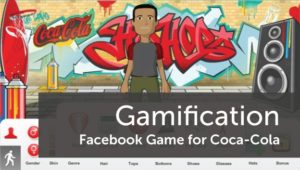 Coke game, 3D black character standing in front of graffiti wall and speakers and spray cans on the side