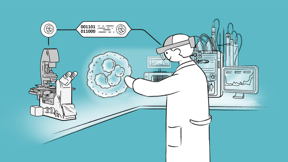 A still from a 2D animation showing a scientist looking at a molecule in a lab through AR glasses that are linked to a microscope