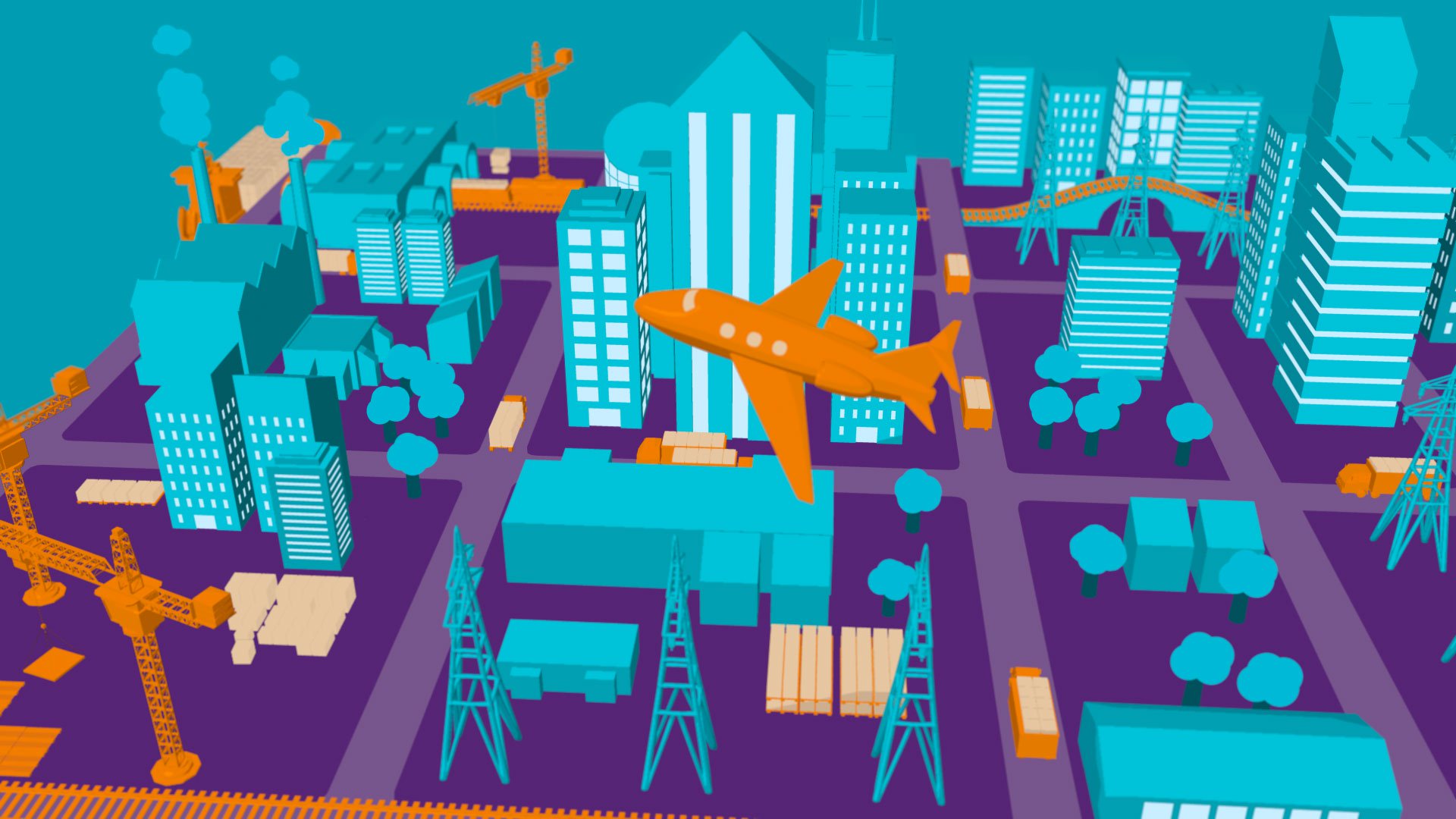 Animation Still of an orange Plane Flying Over a blue and purple City