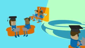 Animated Still of People sat on Laptops, Two of which have Graduation caps on