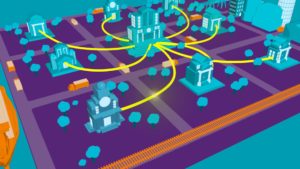 3D illustrated city scape with lines connecting buildings to central bank