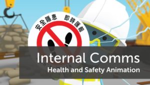MTR Health And Safety Animation – 3D character holding a badge in front of the camera and a title "Internal Comms, Health and safety animation"