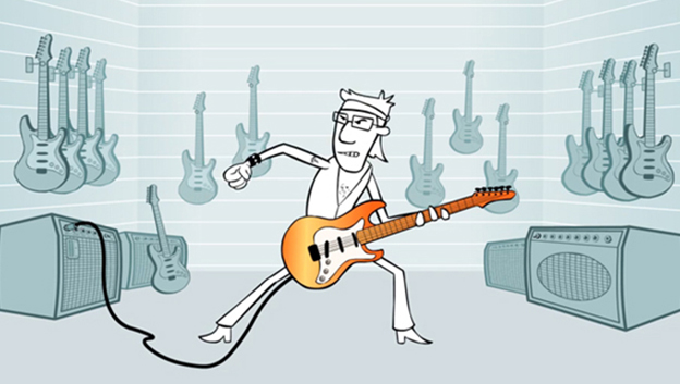2D character with headband in guitar shop trying out a guitar