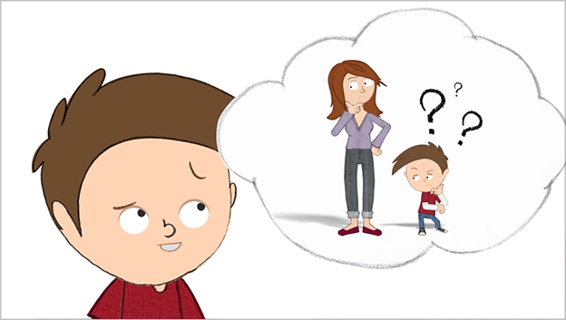 animated character looking up at speech bubble with him and his mum both looking confused