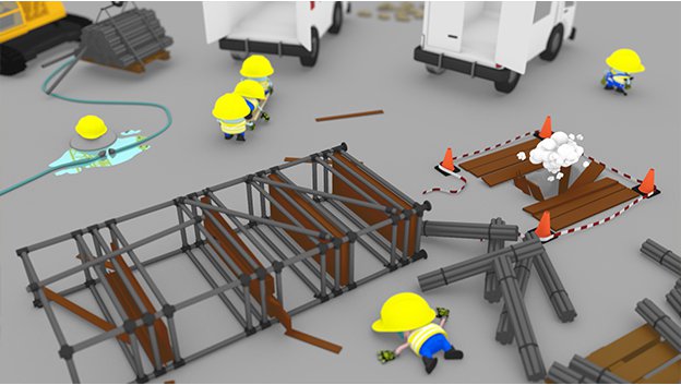 building site with fallen over scaffold and collapsed 3d cartoon character, ambulances and character being transported off on a stretcher
