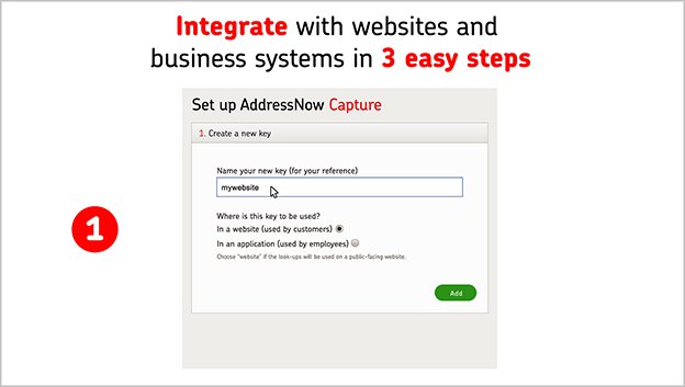 A screengrab of the Royal Mail Address Now feature with text above it reading 'Integrate with websites and business systems in 3 easy steps'