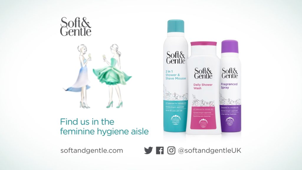 Soft and Gentle Women's Deodorant advert showing 3 products with two women in the background with the companies logo, its website, social media handles and the text 'Find us in the feminine hygiene aisle'