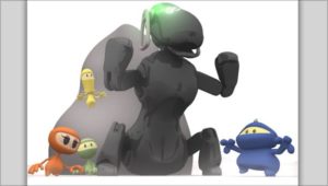 Sony robot dog dancing with characters from the Trona animation