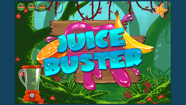 juice buster title page with fruits and blender in jungle