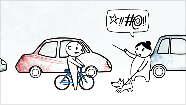 A Man on a Bike Being Shouted at by a Woman with a Dog