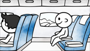 2D animated Uniqa character sitting inside a plane floating above the clouds