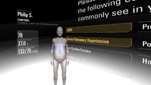 VR 3D model of naked elderly man with lungs and heart visible in see through body and graphic overlay, severe pulmonary hypertension